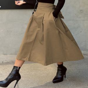 세련된 솔리드 A라인 스커트 여성용 프레피 스쿨 스타일 하이 엘라스틱 허리 롱 스커트 리본 여성 의류 여성용 스커트