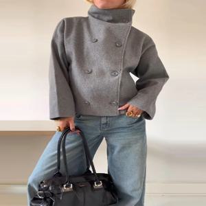 솔리드 터틀넥 더블 브레스티드 포켓 코트 여성 캐주얼 루즈 풀 슬리브 여성 재킷 2025 가을 오피스룩 재킷