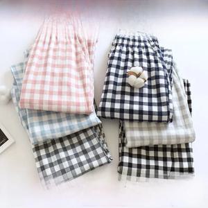 00% 순면 체크 캐주얼 홈 팬츠 루즈핏 슬림핏 아우터웨어 여름용 긴 잠옷 청년 커플용