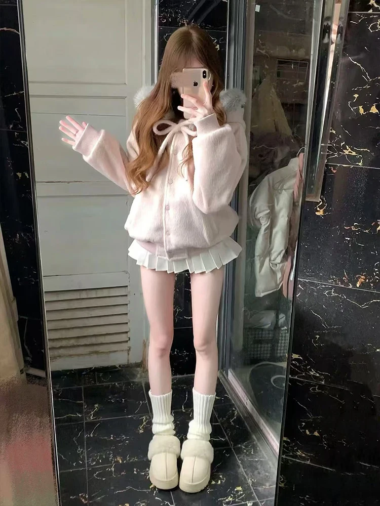 한국 스타일 달콤한 디자인 나비 매듭 퍼 칼라 후드 패치워크 코트 가을 겨울 패셔너블 다용도 두꺼운 재킷