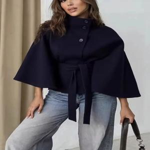 2026 신상 여성용 레이스업 하이넥 자켓 벨트 인조 울 혼방 케이프 코트 가을 겨울 따뜻하고 우아한 망토 코트