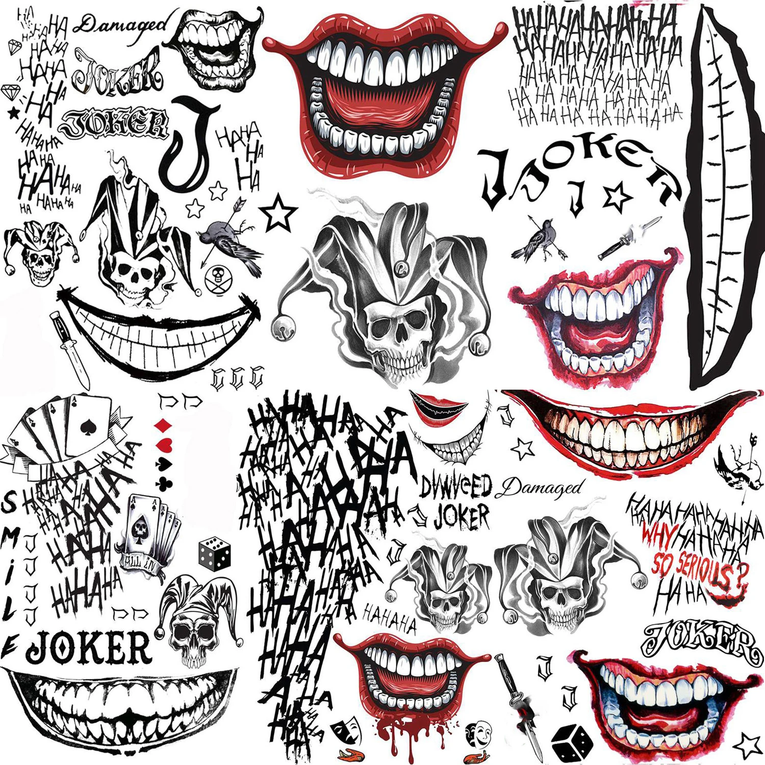 6 시트 블러디 입 조커 남성 여성을위한 임시 문신 할로윈 의상 가짜 문신 스티커 오래 지속되는 현실적인 악마