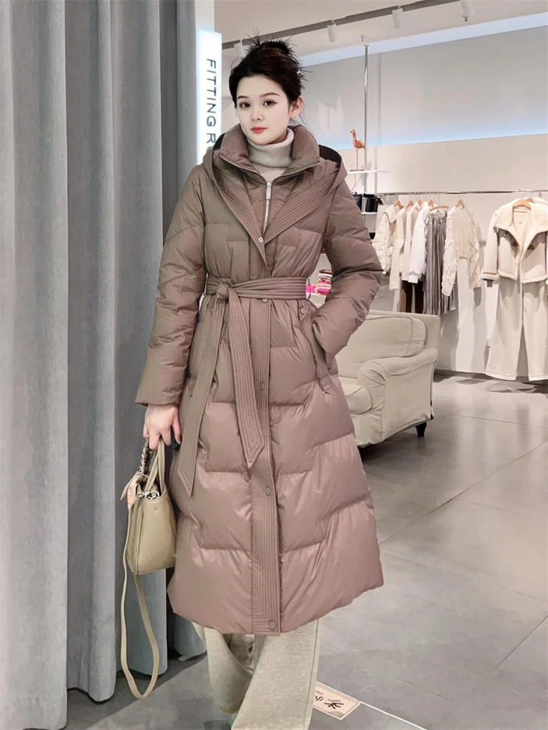 2025년 겨울 여성 의류용 롱 니렝스 다운 코튼 재킷, 신상 후드 허리 조절 슬림 코튼 재킷, 두꺼운