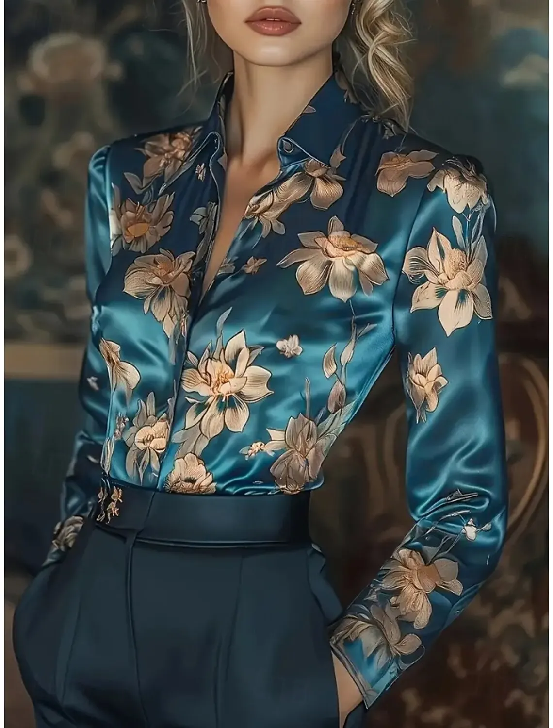 패션 여성 그래픽 꽃 프린트 긴 소매 셔츠 캐주얼 레귤러 탑 버튼 다운 작업 셔츠 데일리웨어 클래식 디자인