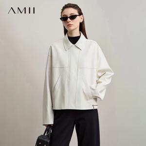 아미 가죽 재킷 여성 2025 가을 신상 미니멀리스트 라펠 루즈 PU 가죽 지퍼 숄더 롱 슬리브 코트 여성용 12543228