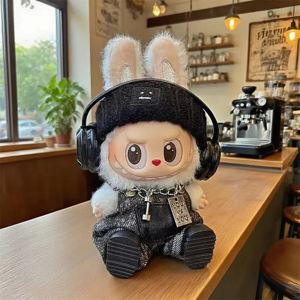 Labubu 인형을위한 새 옷 트렌디 스트리트 패션 5 피스 세트 의류 액세서리 목걸이와 헤드폰이있는 인형 의류