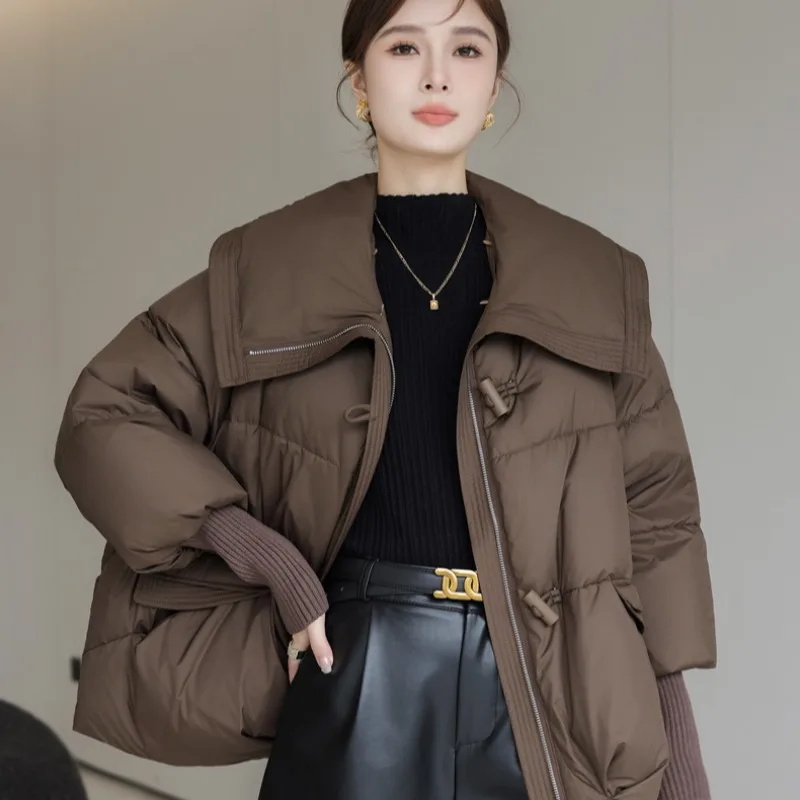 루즈핏 숏 다운 재킷 여성 패션 겨울 아우터 탈부착 가능한 퍼 칼라 퀼팅 코튼 폴리에스터 소매 지퍼