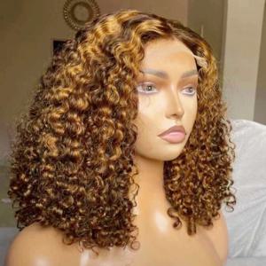 하이라이트 컬러 짧은 보브 가발 딥 컬리 13x4 레이스 프론탈 인모 가발 밀도 220% # 4/27 하이라이트 브라운 딥 컬리 밥 가발