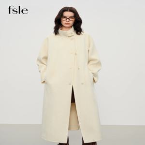 FSLE 2025 신상 여성 우아한 스탠드 칼라 100% 울 양면 롱 코트 다이아몬드 모양 테일러링 가을 겨울 아우터