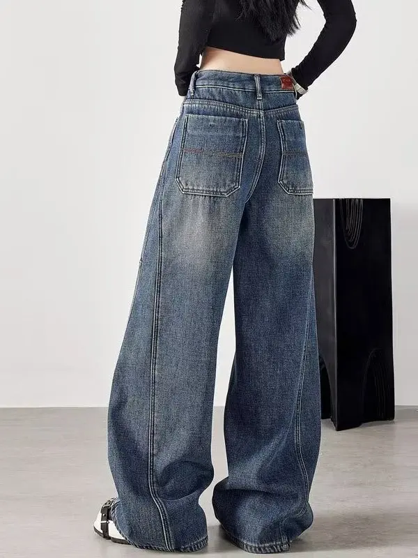 하이웨이스트 와이드 레그 진 여성용 루즈핏 레이지 스타일 나이프 엣지 팬츠 다용도 슬리밍 플로어 길이 트렌디 INS