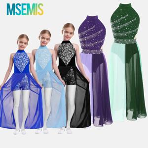 어린이 소녀 발레 리리컬 컨템포러리 댄스 사이드 슬릿 드레스 반짝이는 라인스톤 체조 피겨 스케이팅 의상 댄스웨어