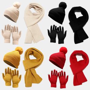 3개 세트 여성 겨울 모자 스카프 장갑 인조 퍼 볼 여성 니트 비니 세트 플리스 안감 크리스마스 청소년 소녀 모자 세트