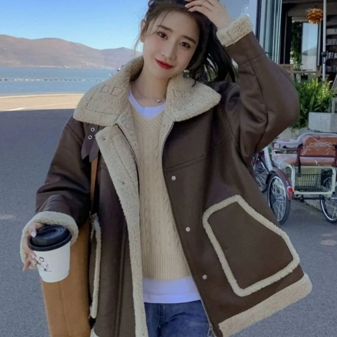 시크 양털 자켓 아우터웨어 여성용 겨울 2025 신상 패션 플러스 벨벳 두꺼운 따뜻한 퍼 원피스 바이커 PU 가죽 자켓