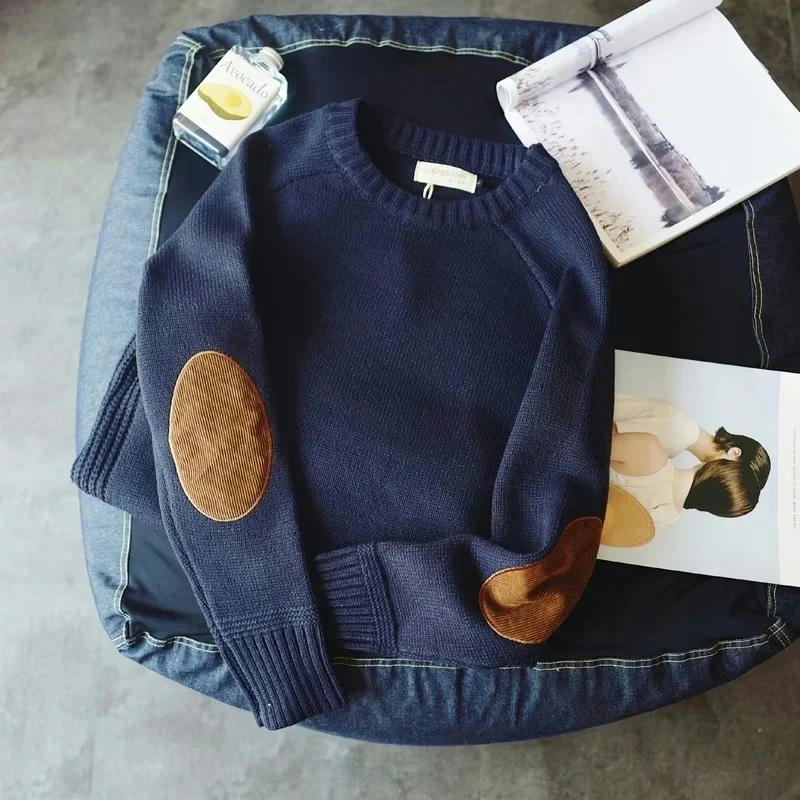 스타일리시한 한국식 라운드 넥 스웨터 남성 후디 대학 스타일 멋진 니트 긴팔 캐주얼 패션 가을 겨울 상의