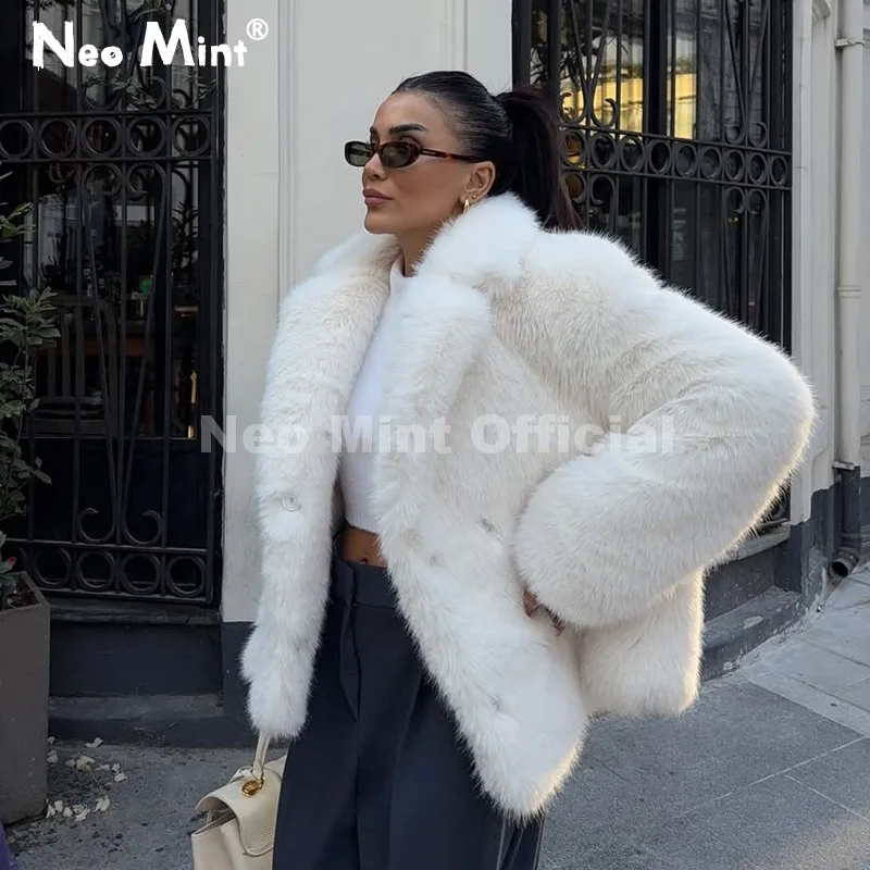 네오 민트 시크 스트리트 핫 걸스 2025 겨울 순백 인조 모피 재킷 여성용 퍼지 라펠 칼라 폭스 퍼 코트 두꺼운 따뜻한 외투