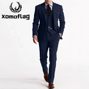    헤링본 트위드 남성 정장 3피스 세트 더블 브레스티드 슬림핏 턱시도 맞춤 제작 남성 패션 정장 세트