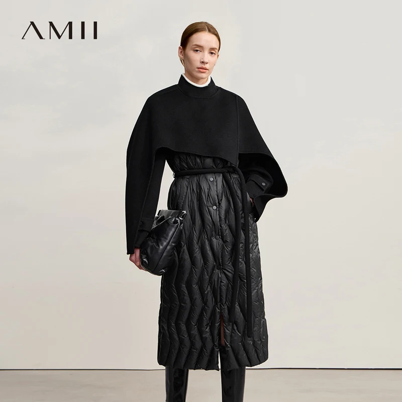AMII 다운 재킷 여성용 2025 겨울 신상 루즈 롱 패치워크 울 여성 의류 벨트 포함 따뜻한 겨울 코트 여성용 12524037