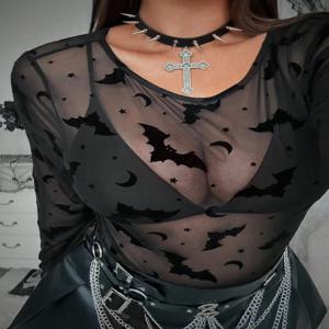 플러스 사이즈 다크 배트 플로킹 플라워 스트레치 니트 플러스 사이즈 여성용 탑 세미 시어 라운드 넥 긴팔