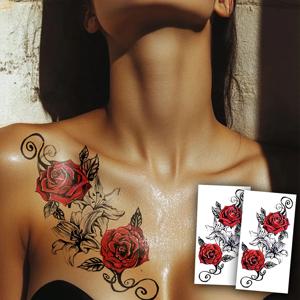2개 방수 임시 타투 스티커 레드 로즈 피오니 릴리 잎 섹시 토템 바디 아트 팔 가짜 타투 슬리브 여성 남성 다리용