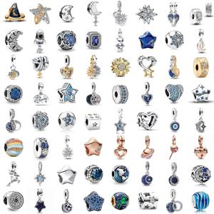 반짝이는 지르콘 태양 참 925 실버 비즈 블루 시리즈 별 달 펜던트 오리지널 팔찌 여성 DIY 쥬얼리 액세서리 선물