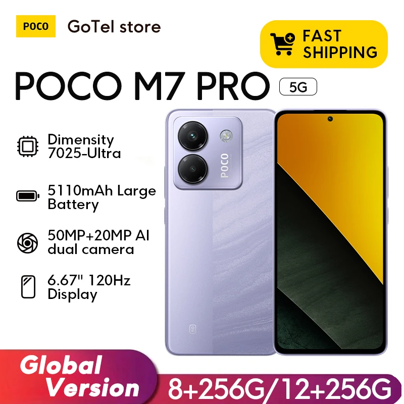 【브랜드+】최신 POCO M7 Pro 5G 글로벌 버전 디멘시티 7025-울트라 120Hz FHD+ 아이케어 AMOLED 디스플레이 5110mAh 배터리 NFC
