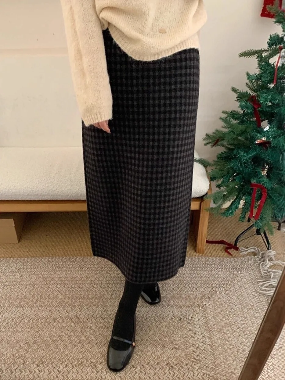 하이웨이스트 체크 울 미니스커트 여성용 가을 겨울 슬림 A라인 랩 스커트 긴팔 출퇴근 한국 스타일