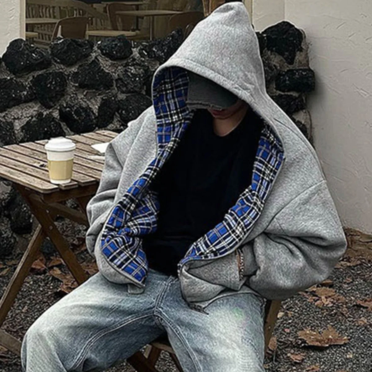 2025 신상 캐주얼 레트로 지퍼 후드티 고딕 블루 스트라이프 체크 앞뒤 투톤 스웨트셔츠 90년대 힙합 루즈핏 그레이 스웨트셔츠