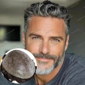 남성용 인조모발 100% 인모 얇은 피부 0.1mm 인젝션 PU 베이스 남성 부분 가발 1b40 1b50 1b65 1b80 검정 회색 남성용 가발 노인용 가발