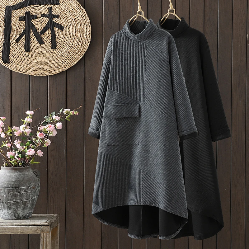 레트로 예술적 하이 칼라 긴 소매 미디 드레스 루즈 핏 가을 겨울 플러스 사이즈 솔리드 컬러 출퇴근 스타일 한국 패션