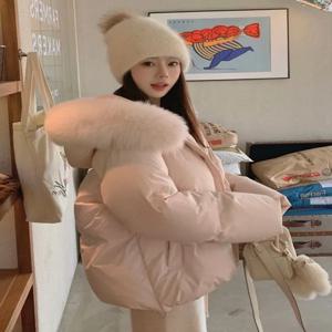 핑크 폭스 퍼 칼라 후드 숏 다운 코튼 재킷 여성용 스몰 사이즈 겨울 인기 브레드 스타일 코트 따뜻한 코튼 의류