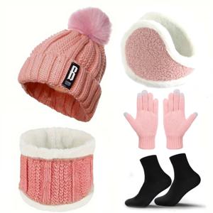 여성용 겨울 모자 5개 세트, 울 비니 모자, 두꺼운 니트 모자, 따뜻한 스카프, 장갑, 모자, 플러시 귀마개, 보온 양말