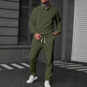 MenPOLO 남성용 긴팔 스포츠 폴로 셔츠 밀 이삭 텍스처와 긴 바지 세트