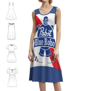 파브스트 블루 로봇: 로봇 맥주 보헤미안 민소매 드레스 여성용 프린트 비치 파티 드레스 재미있는 TV 미래 라마 벤더 파브스트