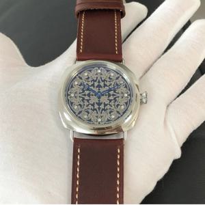 남성용 시계 45mm ST3600 무브먼트 각인 다이얼 탑 레이어 소가죽 스트랩 파일럿 남성용 기계식 시계 생활 방수