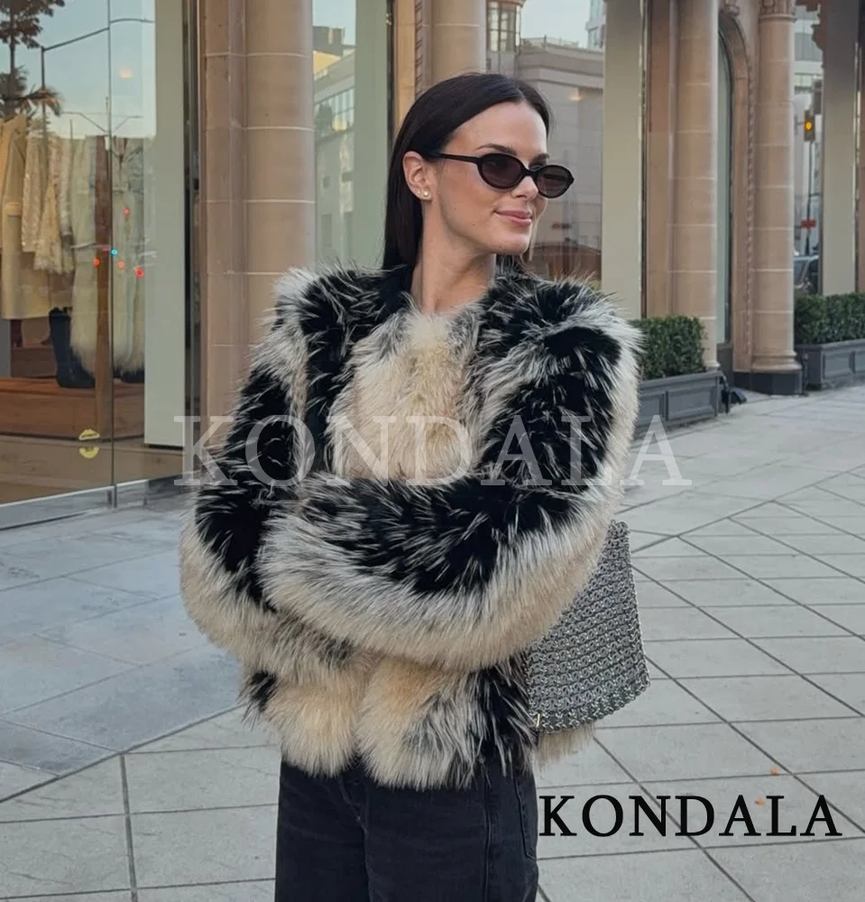 KONDALA 여성 하이 스트리트 퍼 코트 트렌디 콘트라스트 재킷 O넥 인조 퍼 재킷 코트 2025 가을 겨울 패션 여성 레트로 코트