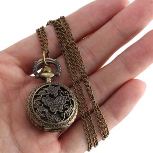 빈티지 포켓 워치 청동색 쿼츠 시계 멋진 체인 속이 빈 나비 나무 시계