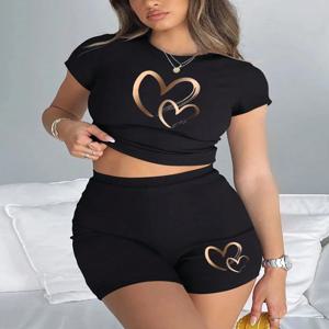 여름 여성 슬림 피트 티셔츠 & 반바지 2 개 세트 간단한 하트 패턴 인쇄 자르기 탑 패션 고탄력 부드러운 옷
