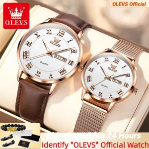 OLEVS 남녀공용 2920 클래식 시계, 데이트 위크, 방수 가죽 스트랩, 커플 시계, 남녀공용 시계 세트, 로맨틱