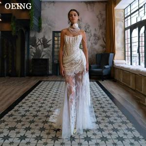 OEING 화이트 레이스 무도회 원피스, 섹시한 환상 스트랩리스 본 코르셋, 이벤트 가운, 분리형 기차, 웨딩 파티 원피스 맞춤형