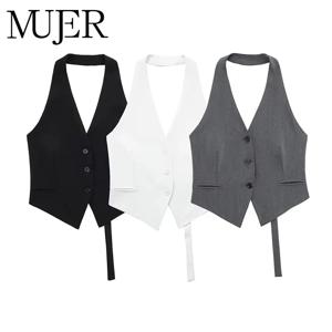 MUJER 오프 숄더 민소매 조끼 여성 블랙 화이트 크로프트 조끼 여성 패션 백리스 V 넥 짧은 코트 여름 양복 조끼