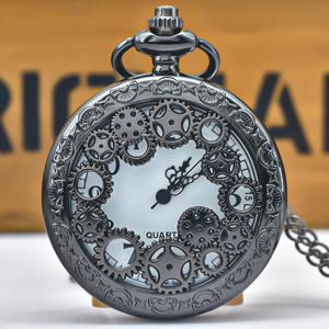 블랙 할로우 기어 새겨진 석영 주머니 시계 목걸이 펜던트 시계 체인 남성 여성 기념 선물