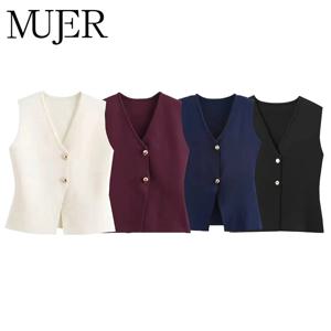 MUJER 여성 니트 베스트 탑 크롭 슬리브리스 베스트 여성용 2025 버튼 여름 베스트 탑 여성 조끼 니트 숏탑
