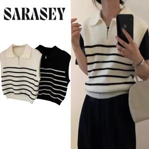 레트로 라펠 지퍼 스트라이프 니트 조끼 여성 가을 겨울 한국 신상 아우터웨어 민소매 스웨터 캐주얼 풀오버 베스트 니트