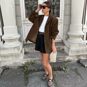 Tangada 가을 겨울 여성 빈티지 브라운 블레이저 자켓 긴 소매 숙녀 정장 3H871