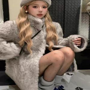 겨울 두꺼운 양털 코트 여성 패션 아우터웨어 공주 스타일 스탠드 칼라 중간 길이 캐주얼 코트