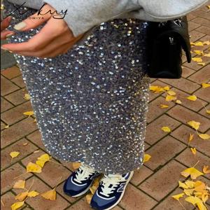 높은 허리 스팽글 맥시 스커트 여성 슬릿 여름 봄 블랙 긴 스팽글 스커트와 우아한 반짝 이는 스트레이트 스커트 여성을위한