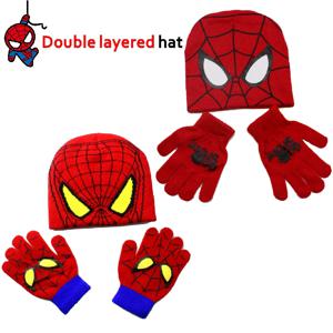 소년용 마블 영화 스파이더맨 모자 및 장갑, 부드러운 니트 모자, 따뜻한 다섯 손가락 방한 장갑, 소년 겨울, 2개