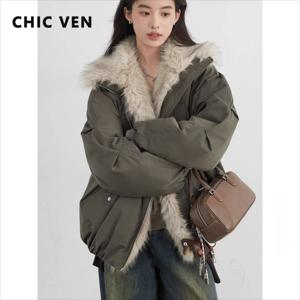 CHIC VEN 한국 여성 다운 코트, 인조 모피 칼라, 루즈 캐주얼 후드, 90 화이트 덕 다운, 여성 다운 재킷, 가을 겨울 2025