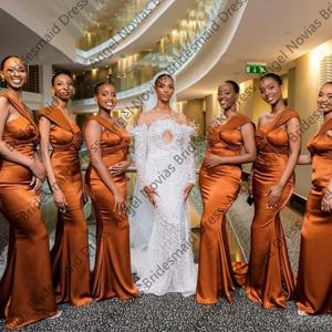 결혼식을위한 맞춤형 긴 오렌지 인어 신부 들러리 드레스 파티 드레스 트럼펫 외장 가운 초대받은 결혼