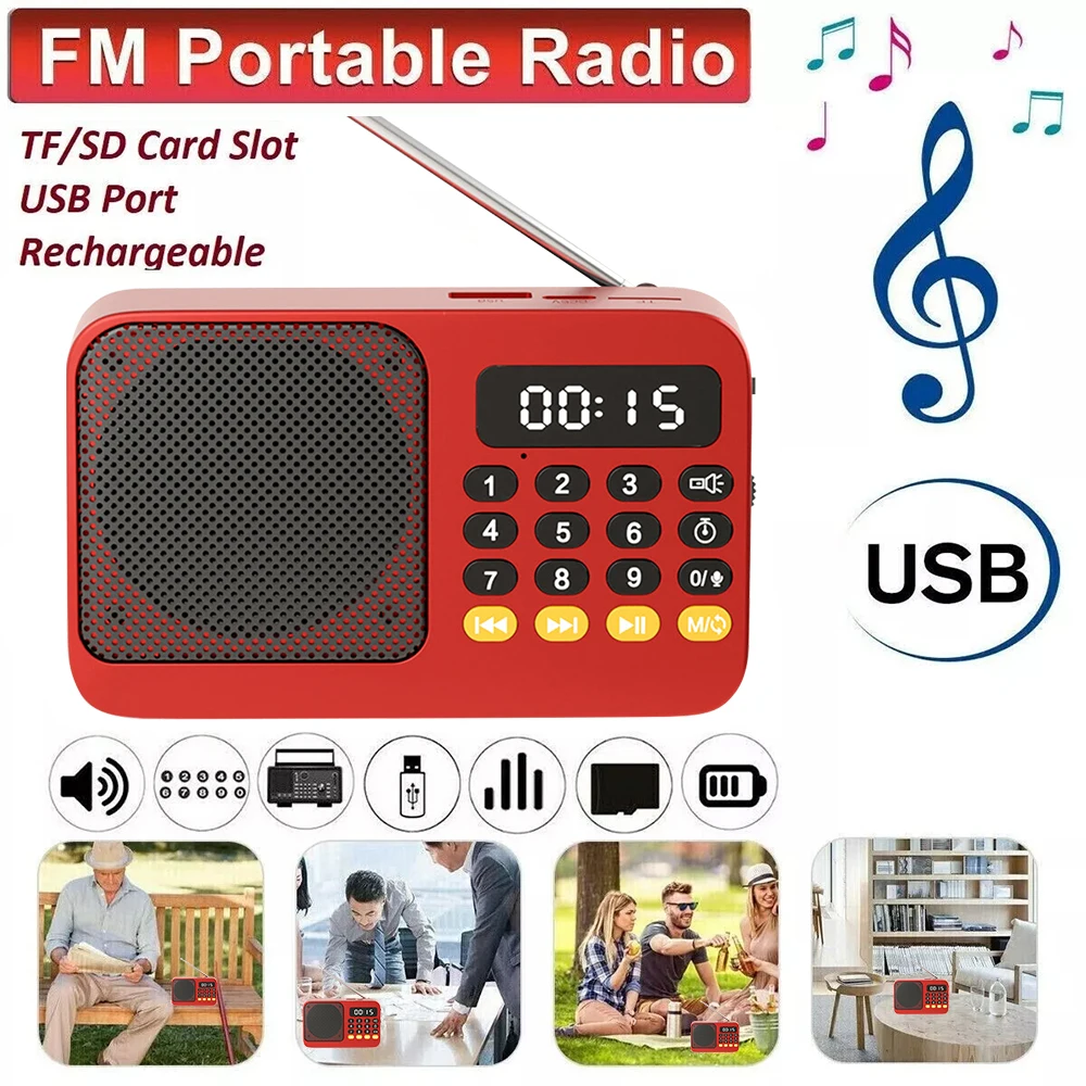 휴대용 충전식 디지털 FM USB TF MP3 플레이어 휴대용 라디오 음악 플레이어 스피커 장치 LED 디스플레이 라디오 포함